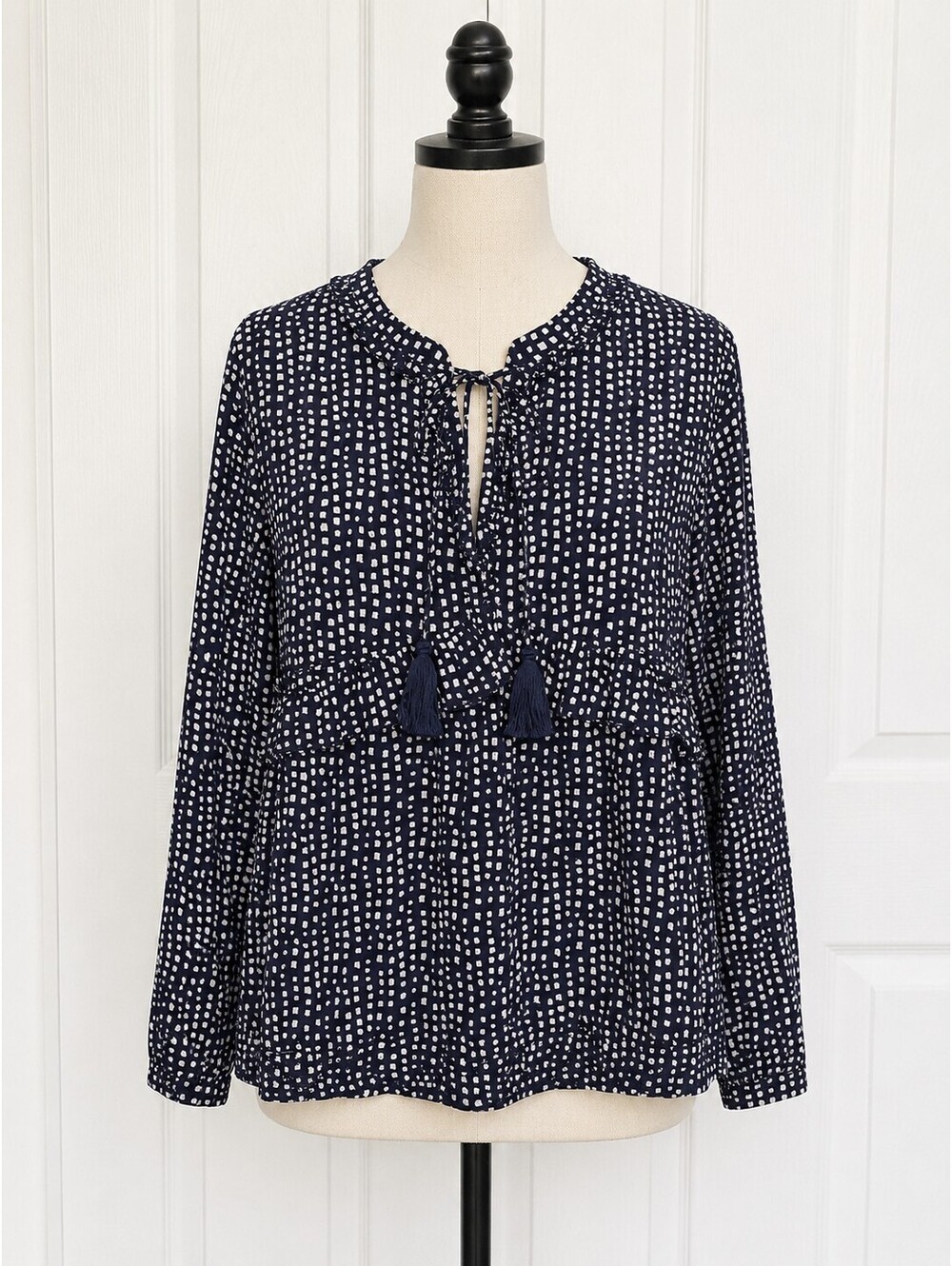 Lola Australia Women XS Navy Blue White Cotton Tassel Boho Peplum Blouse Top